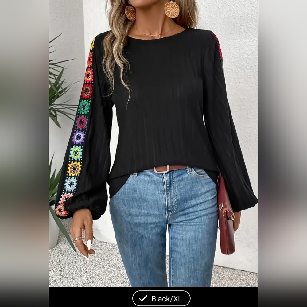 Black Granny Square Long Sleeve Women's Top Sz XXL